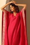 Weaver Story_Pink Chanderi Silk, Handloom Cotton Sequins V-neck Kaftan And Pant Set _Online_at_Aza_Fashions