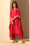 Shop_Weaver Story_Pink Chanderi Silk, Handloom Cotton Sequins V-neck Kaftan And Pant Set _Online_at_Aza_Fashions