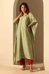 Buy_Weaver Story_Green Handloom Cotton Sequins V-neck Embroidered V Kaftan _at_Aza_Fashions