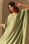 Weaver Story_Green Handloom Cotton Sequins V-neck Embroidered V Kaftan _Online_at_Aza_Fashions