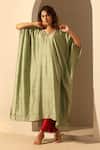 Shop_Weaver Story_Green Handloom Cotton Sequins V-neck Embroidered V Kaftan _Online_at_Aza_Fashions