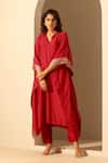 Buy_Weaver Story_Maroon Handloom Cotton Sequins V-neck Embroidered Round Kaftan _at_Aza_Fashions