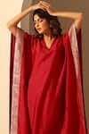 Weaver Story_Maroon Handloom Cotton Sequins V-neck Embroidered Round Kaftan _Online_at_Aza_Fashions