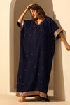 Buy_Weaver Story_Blue Handloom Chiniya Silk Hand Embroidered Sequins V Neck Kaftan _at_Aza_Fashions