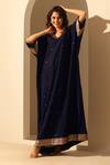 Buy_Weaver Story_Blue Handloom Chiniya Silk Hand Embroidered Sequins V Neck Kaftan _Online_at_Aza_Fashions