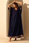 Shop_Weaver Story_Blue Handloom Chiniya Silk Hand Embroidered Sequins V Neck Kaftan _Online_at_Aza_Fashions