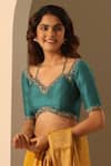 Buy_Weaver Story_Green Silk Embroidery V-neck Placement Hand Blouse _at_Aza_Fashions