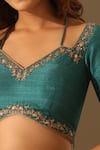 Weaver Story_Green Silk Embroidery V-neck Placement Hand Blouse _Online_at_Aza_Fashions