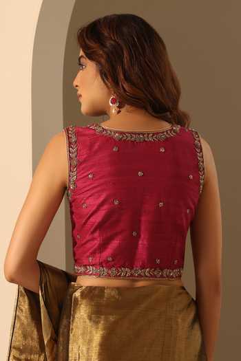 Shop_Weaver Story_Pink Silk Embroidery, Zari V-neck Flower Hand Blouse _at_Aza_Fashions