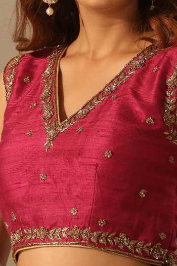Weaver Story_Pink Silk Embroidery, Zari V-neck Flower Hand Blouse _Online_at_Aza_Fashions