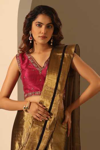 Buy_Weaver Story_Pink Silk Embroidery, Zari V-neck Flower Hand Blouse _Online_at_Aza_Fashions
