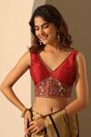 Buy_Weaver Story_Maroon Silk Embroidery V-neck Placement Floral Bloom Hand Blouse _at_Aza_Fashions
