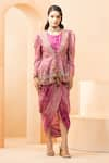 Buy_Studio Bagechaa_Fuchsia Fine Silk Embroidered Hand Bandhani Maxi Draped Dress With Peplum Top _at_Aza_Fashions