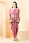 Studio Bagechaa_Fuchsia Fine Silk Embroidered Hand Bandhani Maxi Draped Dress With Peplum Top _Online_at_Aza_Fashions