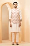 Buy_Studio Bagechaa_Ivory Chanderi, Silk Sequins Floral Mughal Print Bundi Kurta Set _at_Aza_Fashions