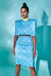 Shop_Nayantaara_Blue Stretch Satin Printed Polka Dots High Neck The Bud Box Skirt Set _at_Aza_Fashions