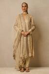 Buy_Tarun Tahiliani_Gold Kurta And Dupatta  Tulle Embroidery Gota Patti Notched V Neck Churidar Set _at_Aza_Fashions