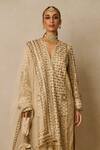 Tarun Tahiliani_Gold Kurta And Dupatta  Tulle Embroidery Gota Patti Notched V Neck Churidar Set _Online_at_Aza_Fashions