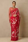 Buy_Tarun Tahiliani_Red Blouse  Chantilly Lace Embroidery Satin Round Neck 3d Floral Saree With _at_Aza_Fashions