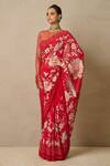 Buy_Tarun Tahiliani_Red Blouse  Chantilly Lace Embroidery Satin Round Neck 3d Floral Saree With _Online_at_Aza_Fashions