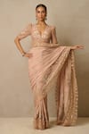 Buy_Tarun Tahiliani_Pink Blouse  Tulle-sheer Silk Embroidery Satin V 3d Floral Bloom Saree With _at_Aza_Fashions