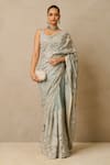 Buy_Tarun Tahiliani_Blue Blouse  Tulle Embellished Sequins Scoop Art Deco Saree With Sleeveless _at_Aza_Fashions