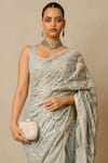 Tarun Tahiliani_Blue Blouse  Tulle Embellished Sequins Scoop Art Deco Saree With Sleeveless _Online_at_Aza_Fashions