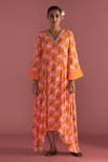 Buy_Masaba_Orange Crepe Silk Digital Printed Mist V Neck Floral Kaftan_at_Aza_Fashions