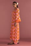 Masaba_Orange Crepe Silk Digital Printed Mist V Neck Floral Kaftan_Online_at_Aza_Fashions