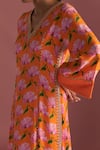 Masaba_Orange Crepe Silk Digital Printed Mist V Neck Floral Kaftan_at_Aza_Fashions