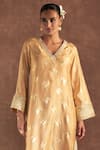 Masaba_Beige Raw Silk Foil Printed Irisbud V Neck Floral Kaftan _Online_at_Aza_Fashions