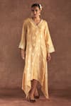 Buy_Masaba_Beige Raw Silk Foil Printed Irisbud V Neck Floral Kaftan _Online_at_Aza_Fashions