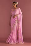 Masaba_Pink Saree- Georgette Foil Printed Springbud With Raw Silk Blouse Piece_Online_at_Aza_Fashions