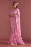 Buy_Masaba_Pink Saree- Georgette Foil Printed Springbud With Raw Silk Blouse Piece_Online_at_Aza_Fashions