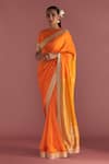 Masaba_Orange Raw Silk Floral Patterns Colorblock Brocade Saree With Blouse Piece_Online_at_Aza_Fashions