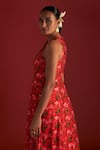 Masaba_Red Raw Silk Digital Printed Rain Lily High Round Kurta Dress _Online_at_Aza_Fashions