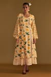 Buy_Masaba_Beige Raw Silk Printed Mist Round Poppy Petal Kurta Dress _at_Aza_Fashions