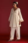 Masaba_Ivory Cotton Linen Embroidered Paan Patti V Neck Gathered Kurta And Salwar Set_Online_at_Aza_Fashions