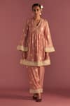 Buy_Masaba_Pink Raw Silk Foil Printed Irisbud V Neck Kurta And Salwar Set _at_Aza_Fashions