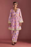 Buy_Masaba_Pink Raw Silk Digital Printed Honeycomb V Neck Gathered Kurta And Salwar Set _at_Aza_Fashions