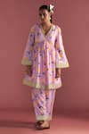 Buy_Masaba_Pink Raw Silk Digital Printed Honeycomb V Neck Gathered Kurta And Salwar Set_Online_at_Aza_Fashions