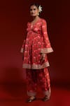 Masaba_Red Raw Silk Digital Printed Rain Lily V Neck Gathered Kurta And Salwar Set_Online_at_Aza_Fashions
