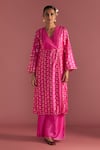Buy_Masaba_Magenta Raw Silk Foil Printed Springbud V Neck Kurta And Culotte Set_at_Aza_Fashions