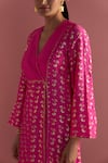 Shop_Masaba_Magenta Raw Silk Foil Printed Springbud V Neck Kurta And Culotte Set_Online_at_Aza_Fashions