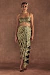 Masaba_Black Bustier And Drape Skirt- Crepe Silk Foil Printed Berrybloom Set With Cape_at_Aza_Fashions