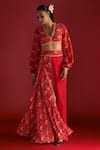 Buy_Masaba_Red Crepe Silk Digital Printed Rain Lily And Kinari V Bustier & Layered Skirt Set_at_Aza_Fashions