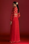 Shop_Masaba_Red Crepe Silk Digital Printed Rain Lily And Kinari V Bustier & Layered Skirt Set_at_Aza_Fashions