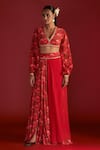 Masaba_Red Crepe Silk Digital Printed Rain Lily And Kinari V Bustier & Layered Skirt Set_Online_at_Aza_Fashions