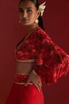 Shop_Masaba_Red Crepe Silk Digital Printed Rain Lily And Kinari V Bustier & Layered Skirt Set_Online_at_Aza_Fashions