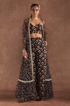 Shop_Masaba_Black Bustier And Pant- Raw Silk Digital Printed Floral Flared & Cape Set_Online_at_Aza_Fashions